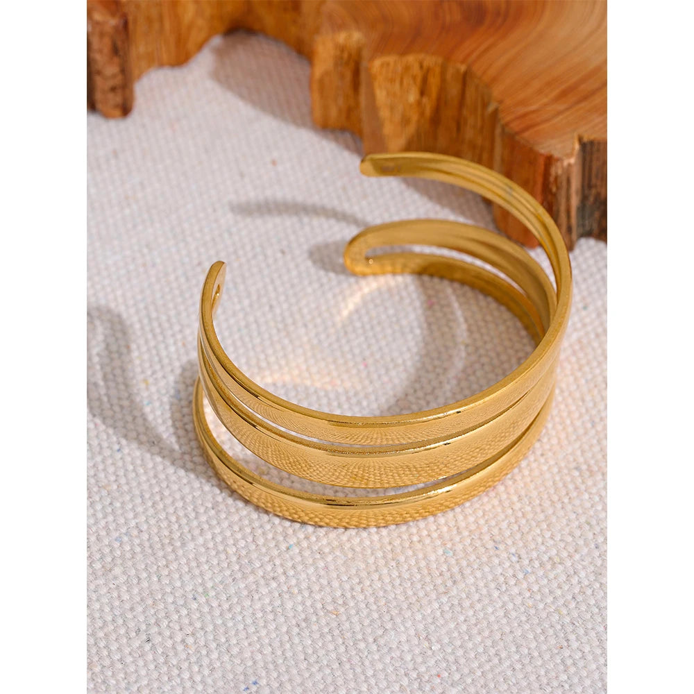 Yhpup Stainless Steel Statement Gold Color Cuff Bracelet Bangle Metal Texture Multi-Layer Temperament Fashion Waterproof Jewelry