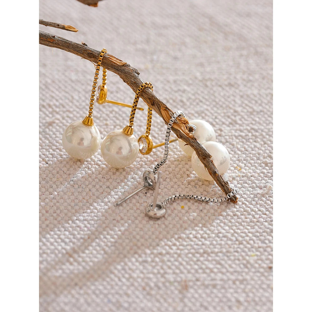 Yhpup Korean Imitation Pearls Long Chain Hanging Dangle Earrings for Women Anti Allergic Stainless Steel Charm Daily Jewelry