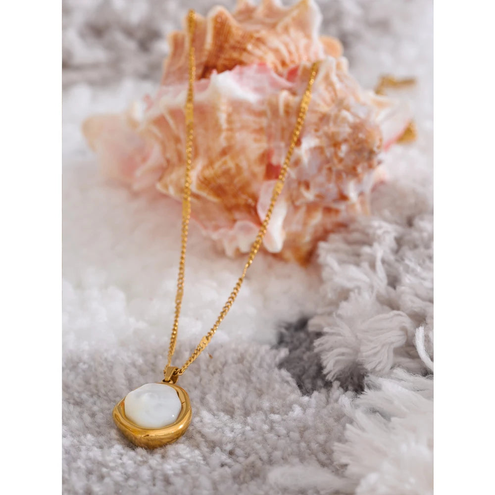 Yhpup 316L Stainless Steel Thicker Natural Shell Chic Pendant Necklace 18K Gold Color High Quality Delicate Collar Jewelry Gift