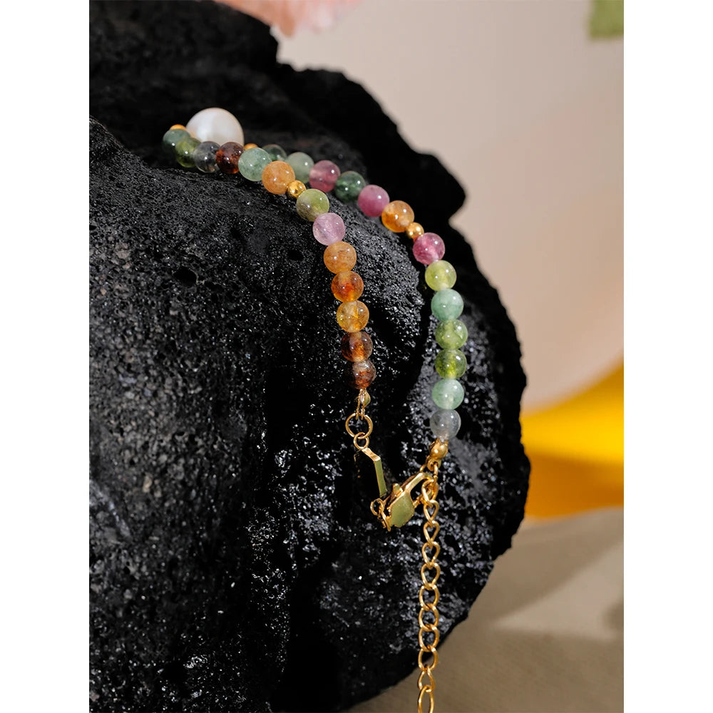 Yhpup Natural Tourmaline Stone Pearl Fashion Colorful Bead Bracelet Bangle for Women Mother Gift Healing Charm Jewelry Wholesale