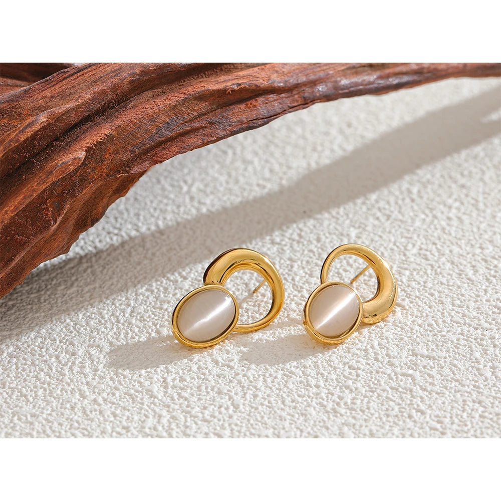 Yhpup Fashion Natural Stone Golden Stud Earrings for Women Stainless Steel Versatile Daily Korean Waterproof Jewelry Bijoux