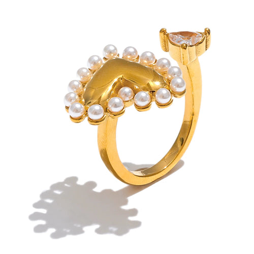 Yhpup Fashion Imitation Pearls CZ Heart Love Open Golen Ring Water Resistant Stainless Steel Elegant Premium Jewelry Gift