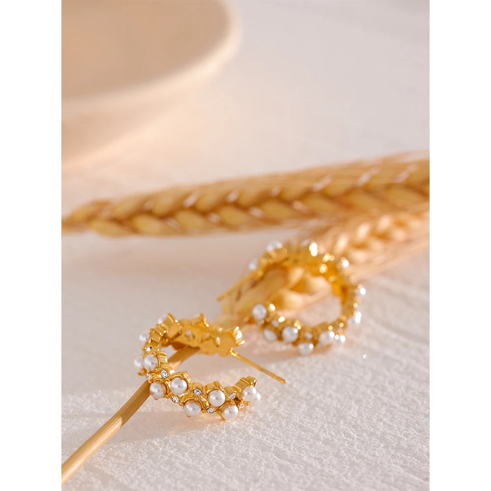 Yhpup Gorgeous Fashion Imitation Pearls C Shape Stainless Steel Chic Hoop Earrings 18K Gold Plated Elegant CZ Charm Jewelry Gift