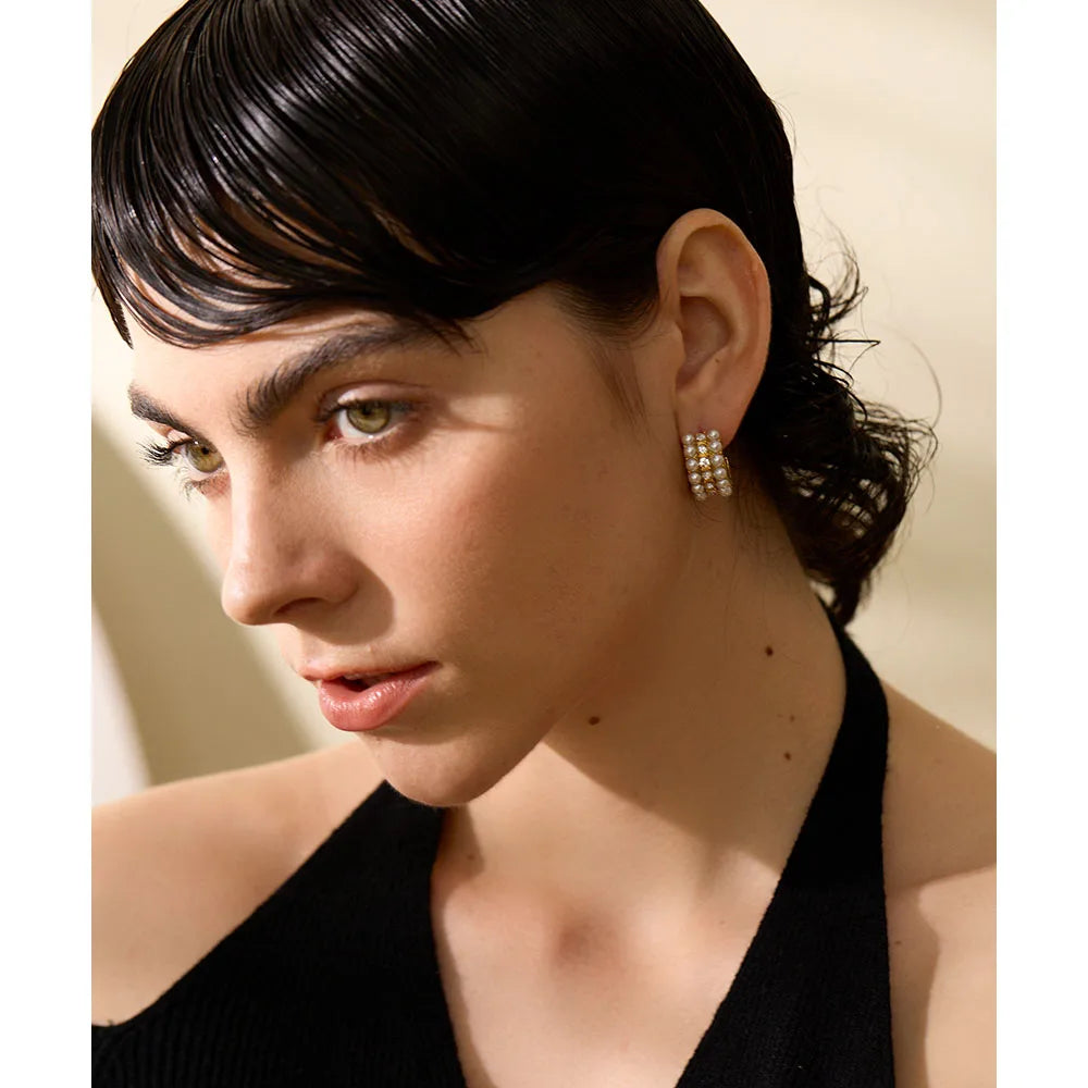 Yhpup Imitation Pearl Cubic Zirconia Stainless Steel Hoop Earrings for Women Korean Ear Pendants Gold Color Jewelry Pendientes