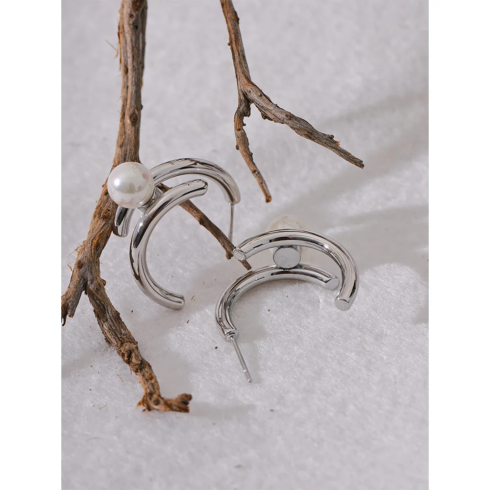 Yhpup Trendy Imitation Pearls Stainless Steel Geometric Huggie Earrings Korean Temperament Anti Allergic Versatile Jewelry New