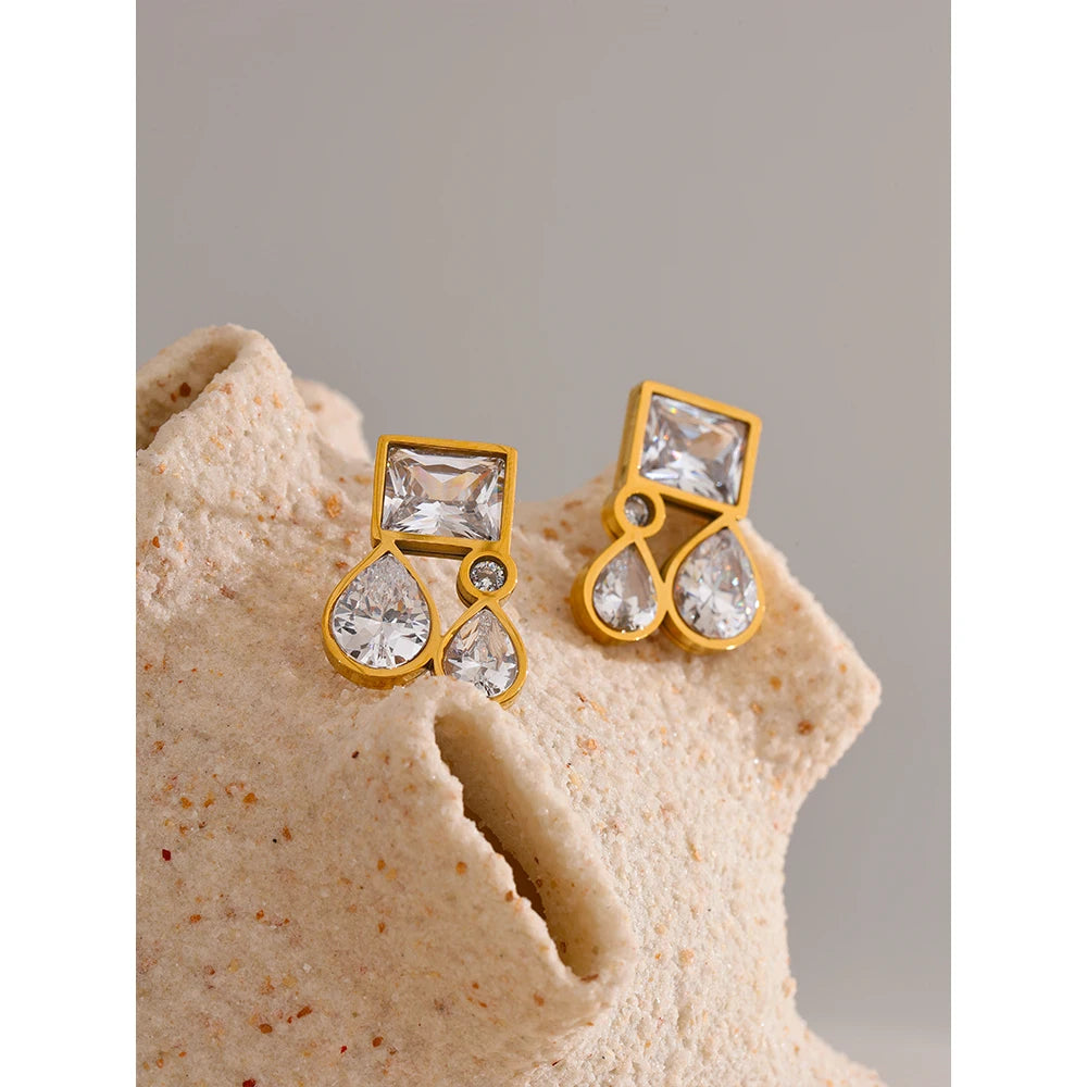 Yhpup Shiny Cubic Zirconia Square Water Drop Teardrop Stud Earrings 316L Stainless Steel CZ Golden Premium Jewelry Gift