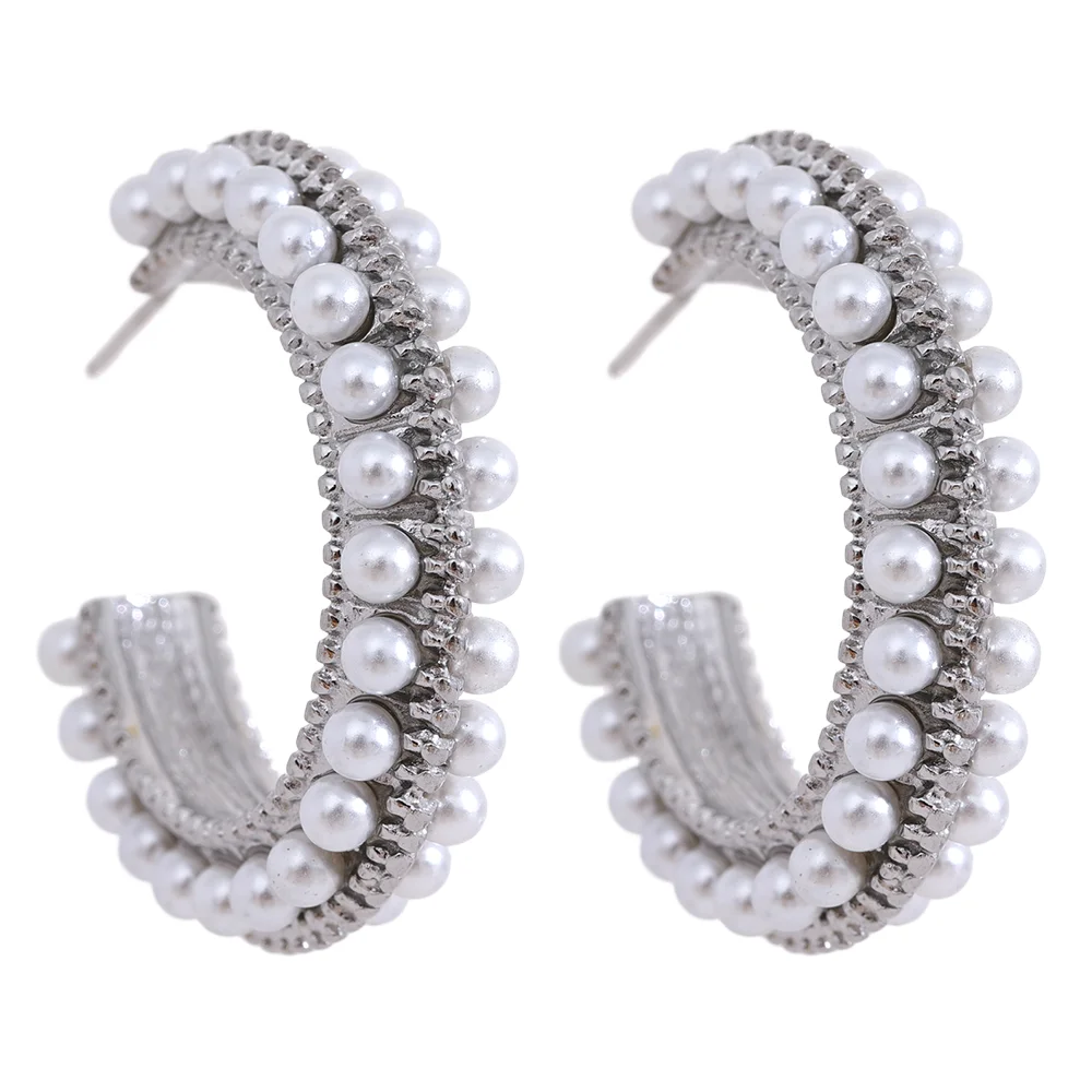 Yhpup Elegant Imitation Pearls Stainless Steel C Shape Geometric Hoop Huggie Earrings Vintage Metal Charm Stylish Jewelry Bijoux