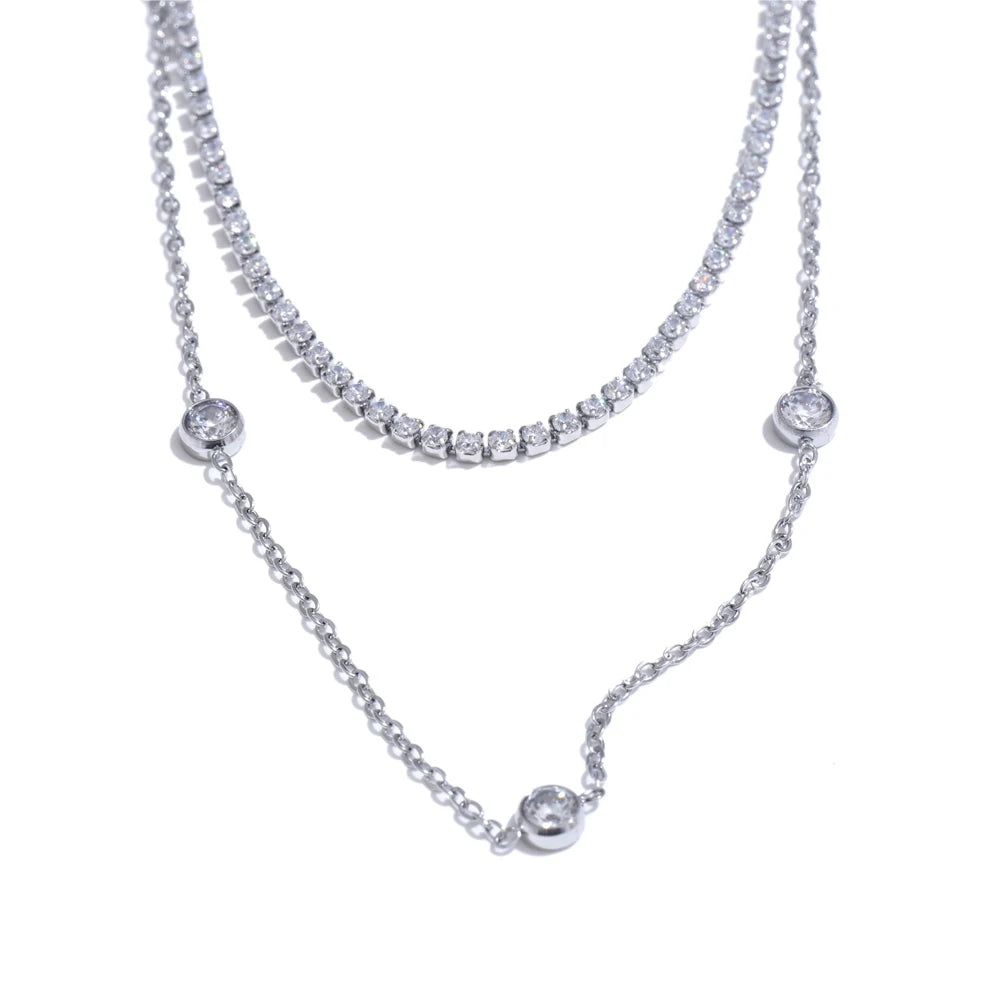 Yhpup New Arrivals Stainless Steel Double Layer Cubic Zirconia Chain Necklace for Women Temperament Delicate Premium Jewelry