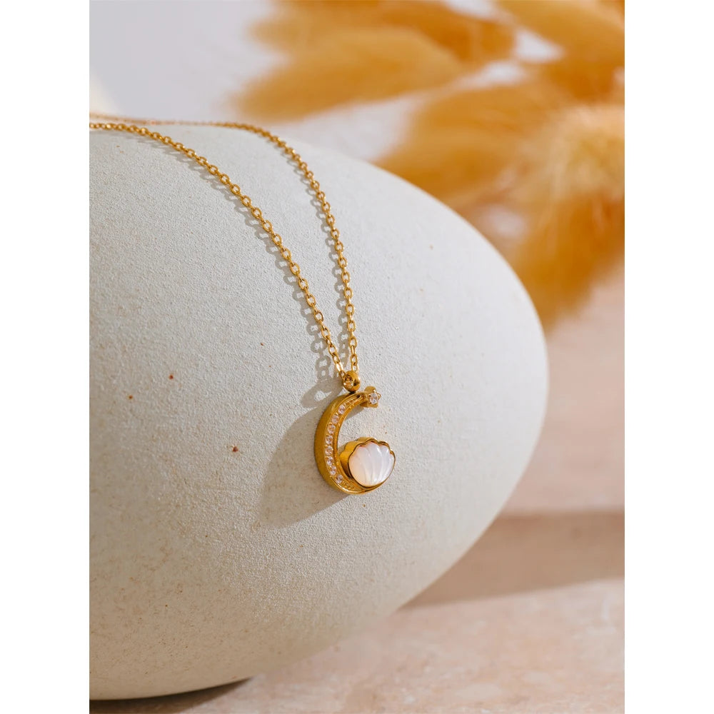 Yhpup Zirconia Natural Shell Moon Drop Delicate Necklace 18K PVD Plated Chain Stainless Steel Premium Jewelry Gift