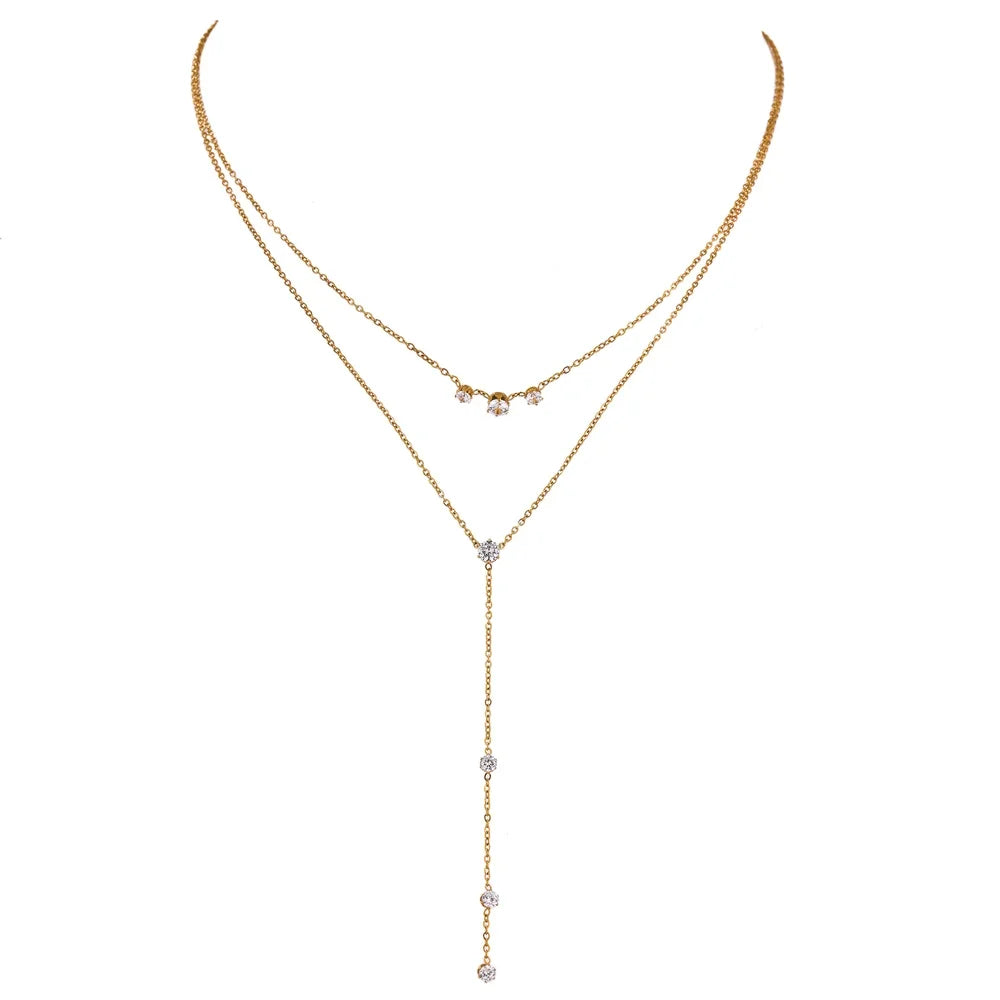 Yhpup Exquisite Bling Cubic Zirconia Layered Long Pendant Necklace Women 18 K Stainless Steel Chain Choker Necklace Accessories