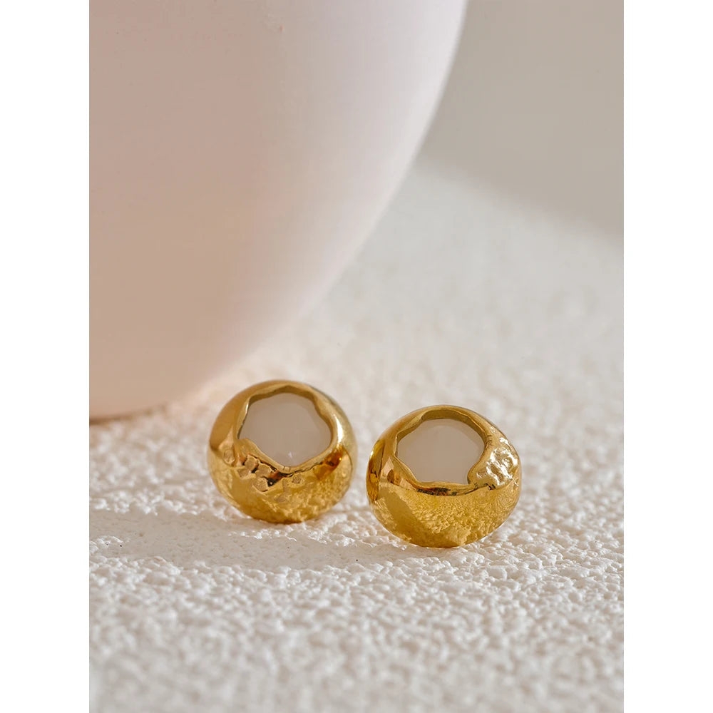 Yhpup Exquisite Natural Stone Stainless Steel Round Fashion Stud Earrings High Quality Stylish Versatile Daily Jewelry for Women