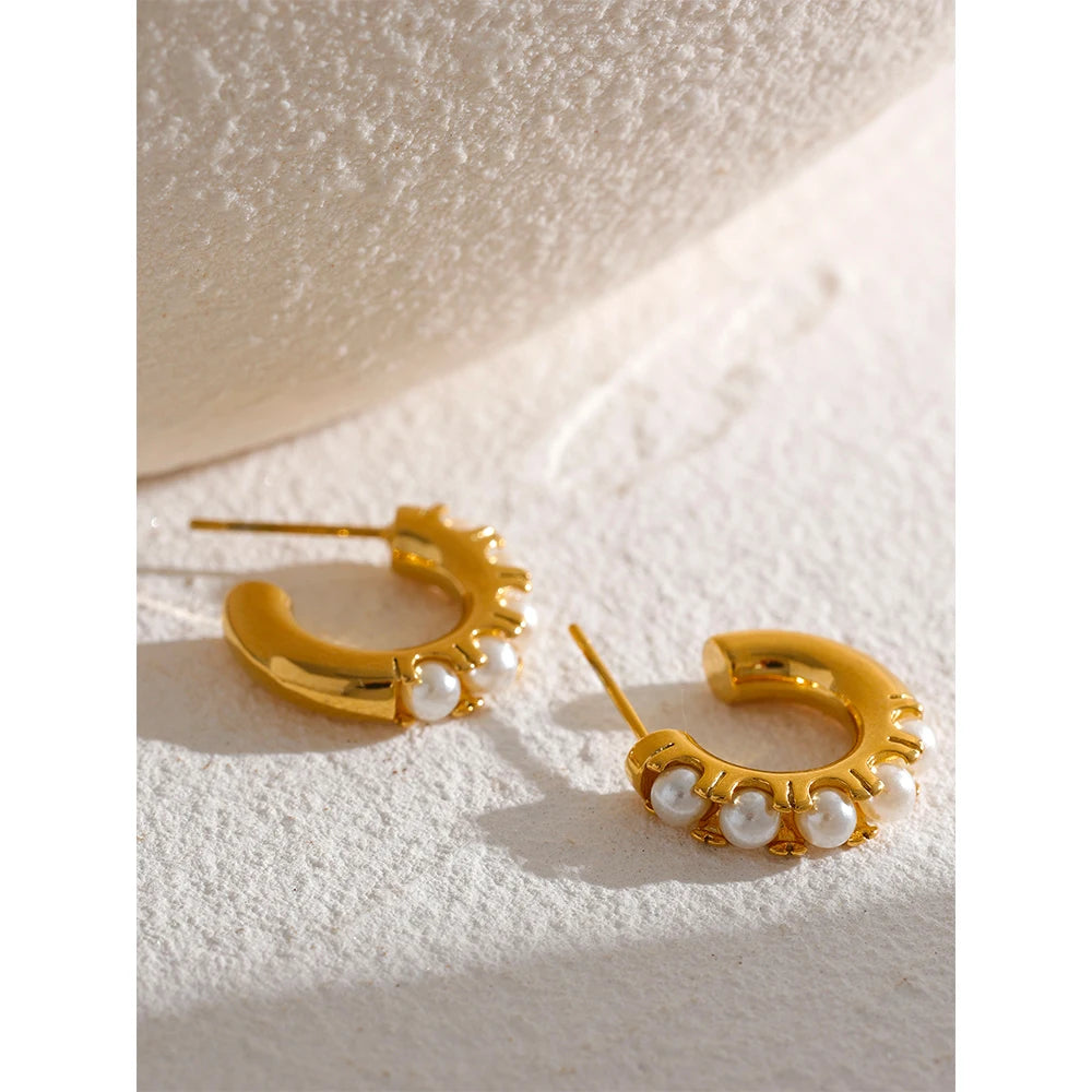 Yhpup Elegant Imitation Pearls Geometric Stainless Steel 18K Gold Plated Hoop Earrings Fashion Waterproof Delicate Jewelry Women