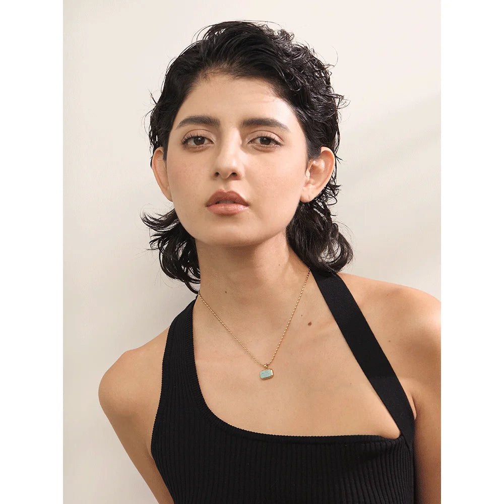 Yhpup Amazonite Square Natural Stone Stylish Pendant Stainless Steel Necklace Chic Exclusive Waterproof High Quality Jewelry