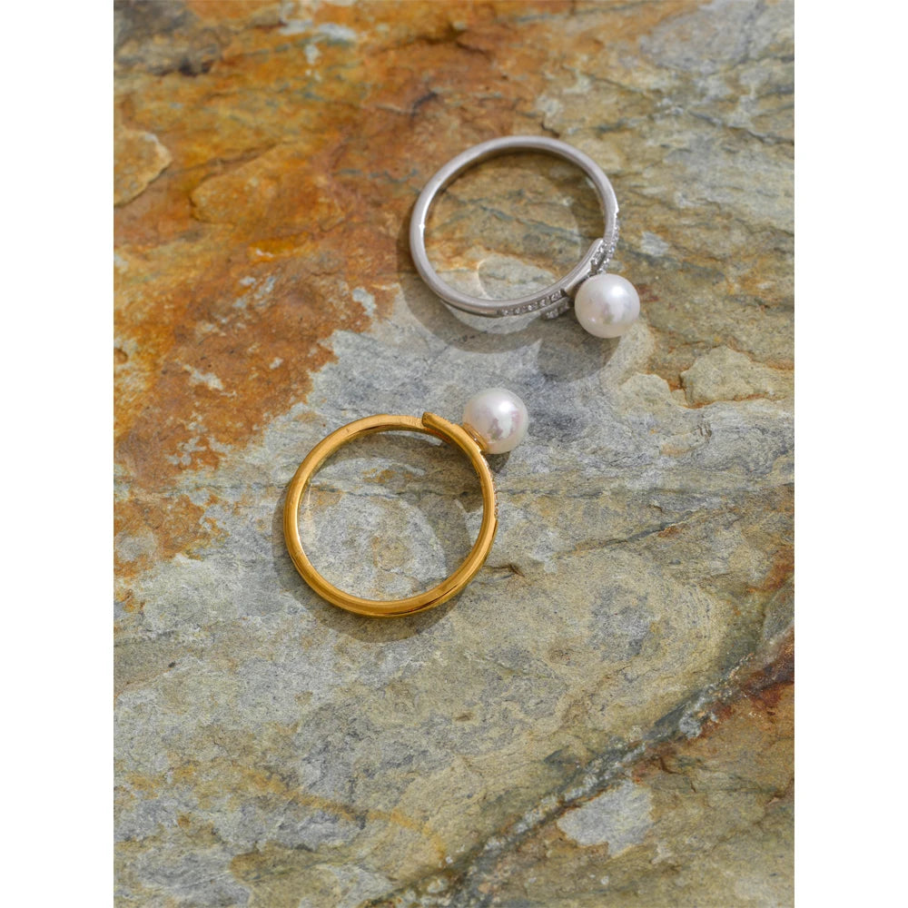 Yhpup Korean Style Imitation Pearls Chic Zirconia Thin Ring for Women Stainless Steel High Quality Fashion Finger Jewelry Gift