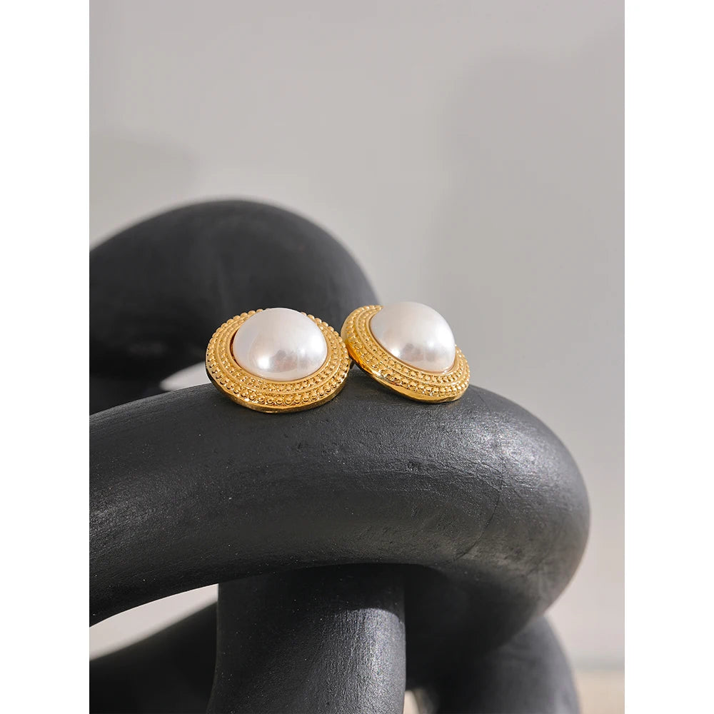 Yhpup Korean Imitation Pearls Round Stud Earrings Anti Allergic Elegant Classic Daily Fashion Gold & Platinum PVD Plated Jewelry