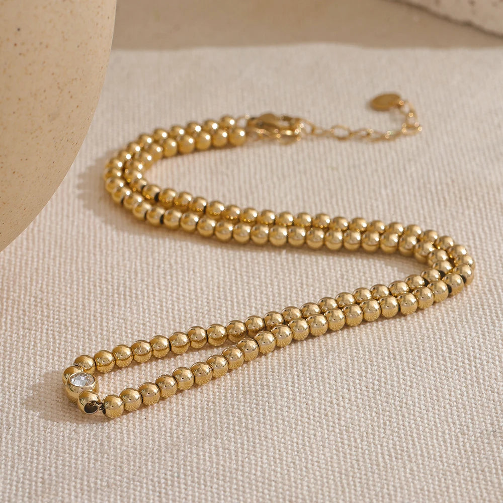 Yhpup High Quality 18K PVD Plated Round Beads Chain Handmade Necklace Water Resistant Stainless Steel Statement Jewelry
