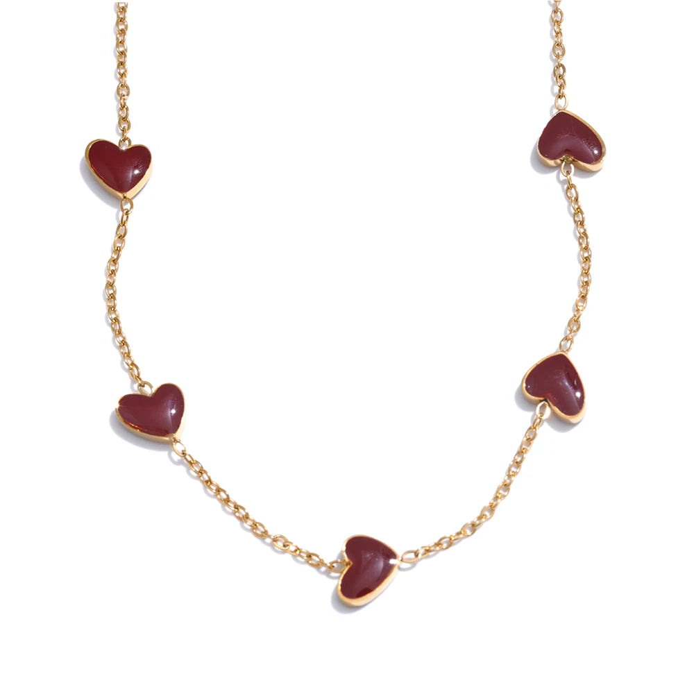 Yhpup Color Ancora Ankela Red Enamel Heart Love Chic Chain Necklace Women Stainless Steel Jewelry Valentine's Gift