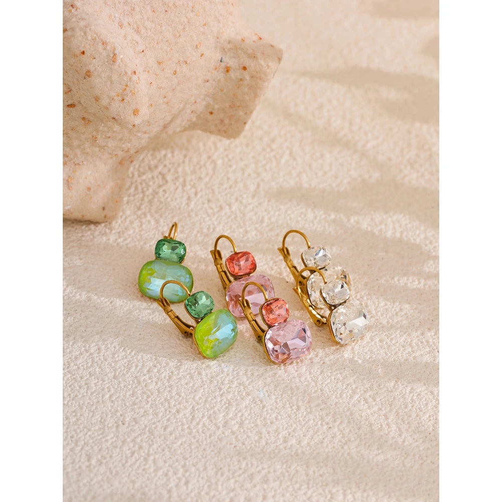 Yhpup Fashion Crystal Candy Stud Earrings French Hoops Trendy White Green Pink Y2K Summer Jewelry for Women 18k PVD Plated