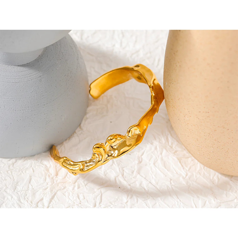 Yhpup Waterproof 18K Gold Color Stainless Steel Irregular Geometric Open Cuff Bracelet Bangle Personalized Metal Texture Jewelry