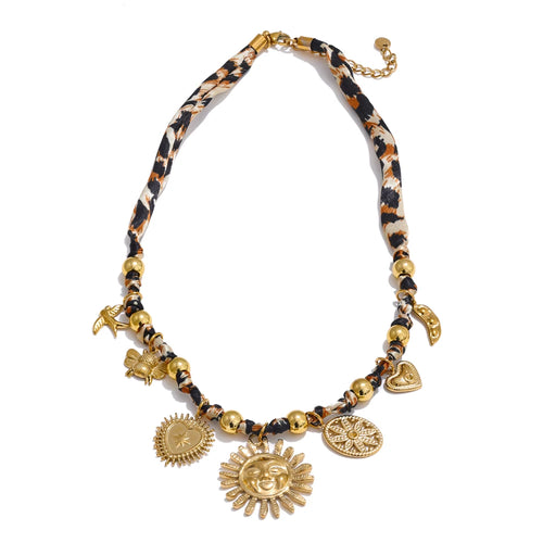 Yhpup Popular Stainless Steel Leopard Polyester Sun Flower Heart Insect Drop Collar Necklace 18K PVD Plated Fashion Jewelry Gift