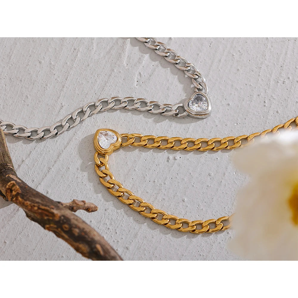 Yhpup Stainless Steel Golden Chain Link Heart Bling Zirconia Pendant Necklace 18K PVD Plated Waterproof Fashion Jewelry Unisex