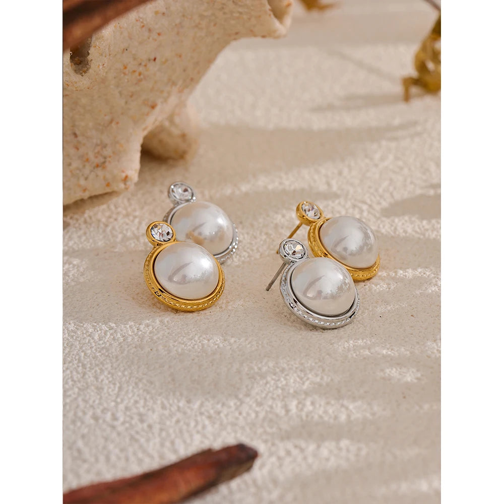 Yhpup Waterproof Korean Style Zirconia Imitation Pearls Stud Earrings Stainless Steel Elegant Daily Classic Fashion Jewelry