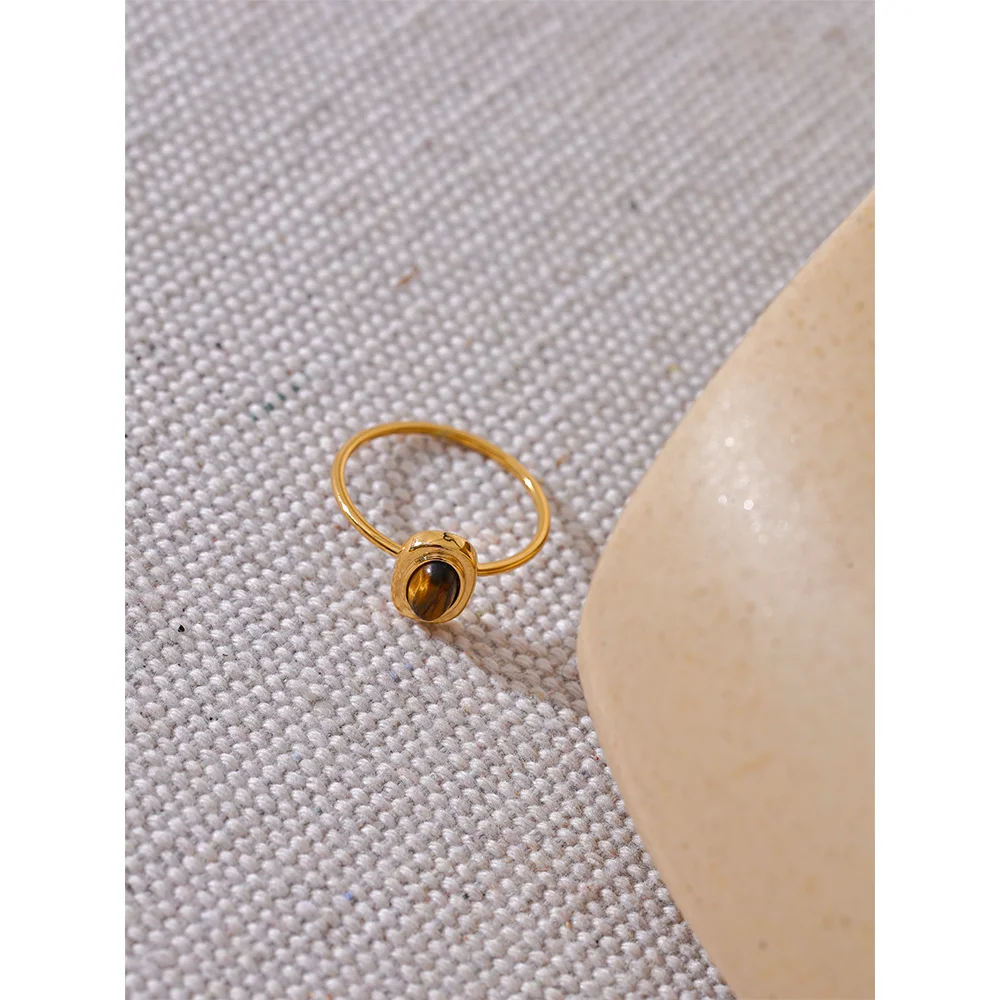 Yhpup Fashion Natural Stone Stainless Steel Oval Thin Chic Ring Women 18K PVD Plated Waterproof Jewelry Accessories Gift