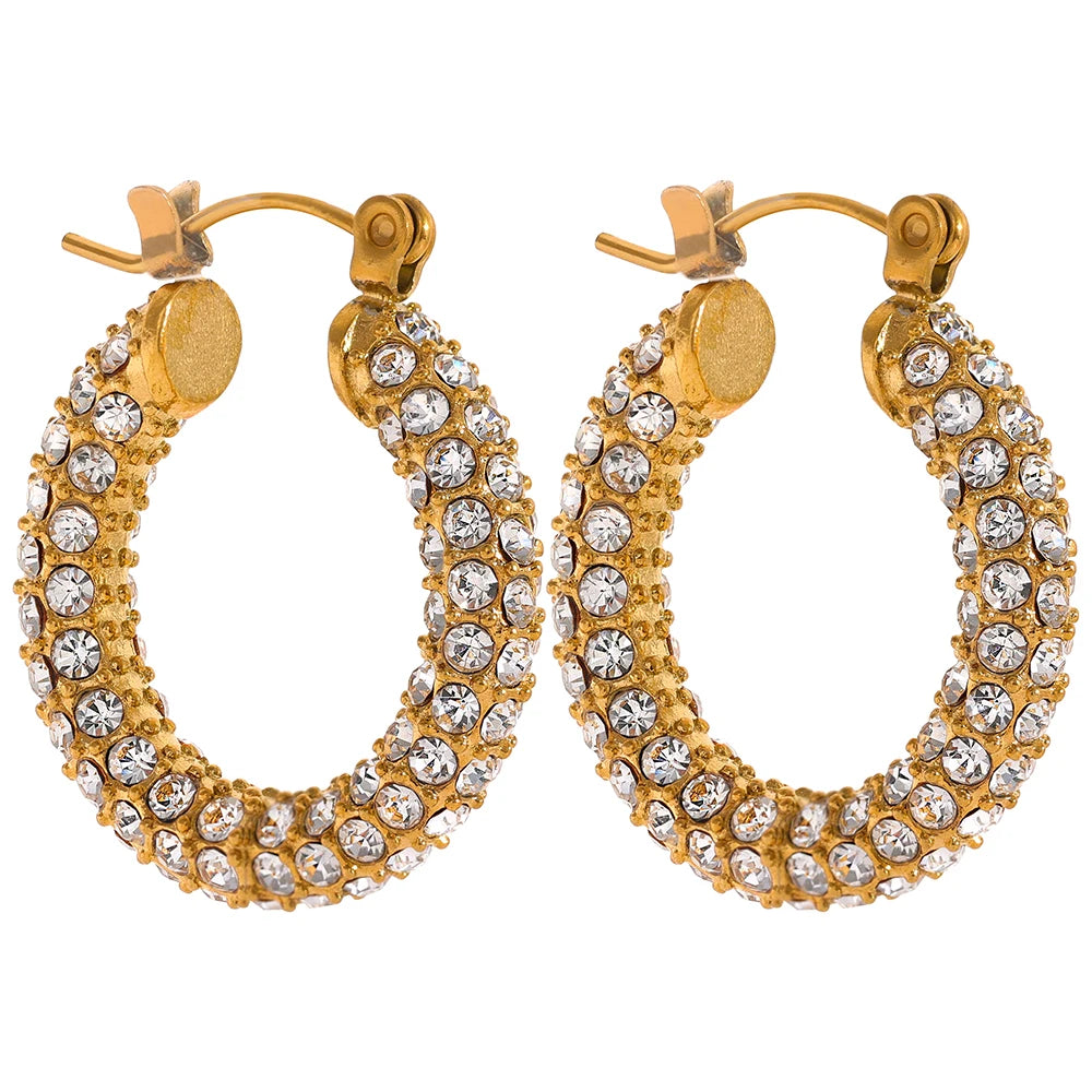 Yhpup Luxury Bling Cubic Zirconia Round Stainless Steel Chunky Huggie Hoop Earrings 18K Gold Color Texture Exquisite Jewelry