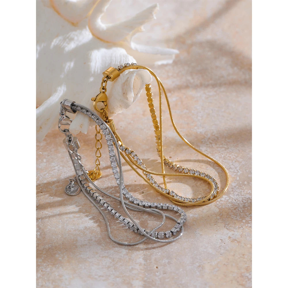 Yhpup Stainless Steel Shiny Cubic Zirconia Layered Chain Stacking Bracelet Bangle Waterproof Women High Quality Fashion Jewelry