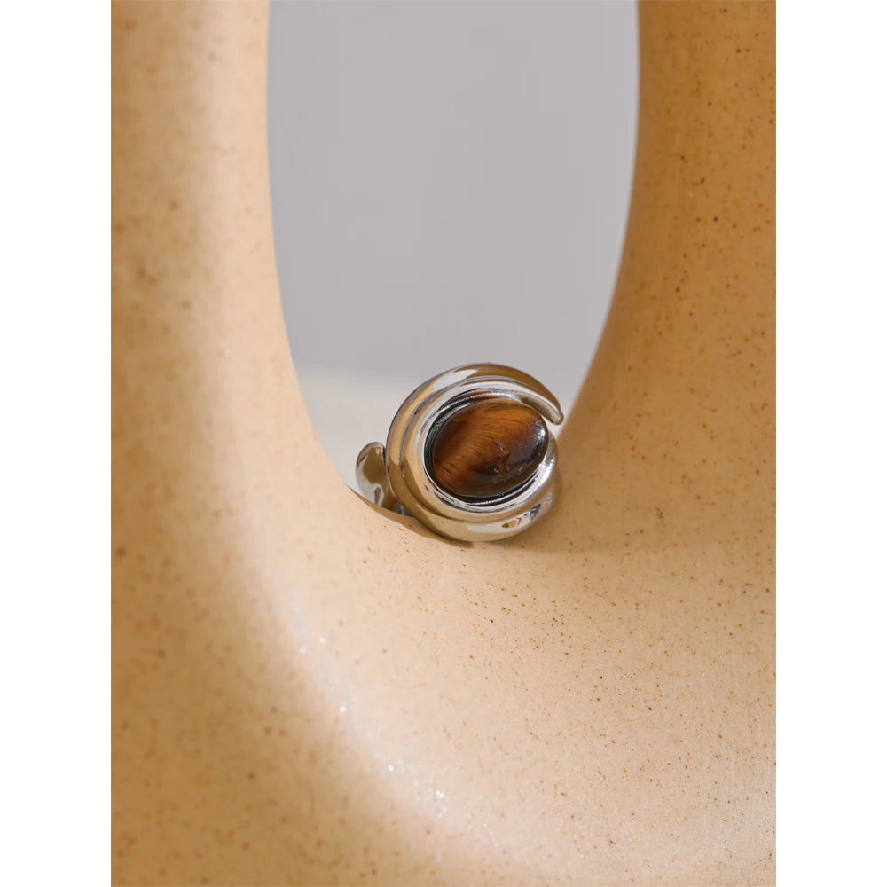 Yhpup Popular Stainless Steel Natural Tiger Stone Finger Ring Gold Silver Color Waterproof Geometric Charm Jewelry