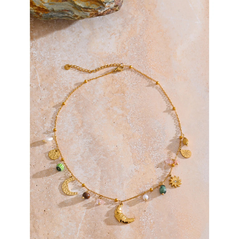 Yhpup Stainless Steel Moon Croissant Flower Natural Stone Pearls Drop Handmade Trendy Necklace for Women Fashion Collar Jewelry