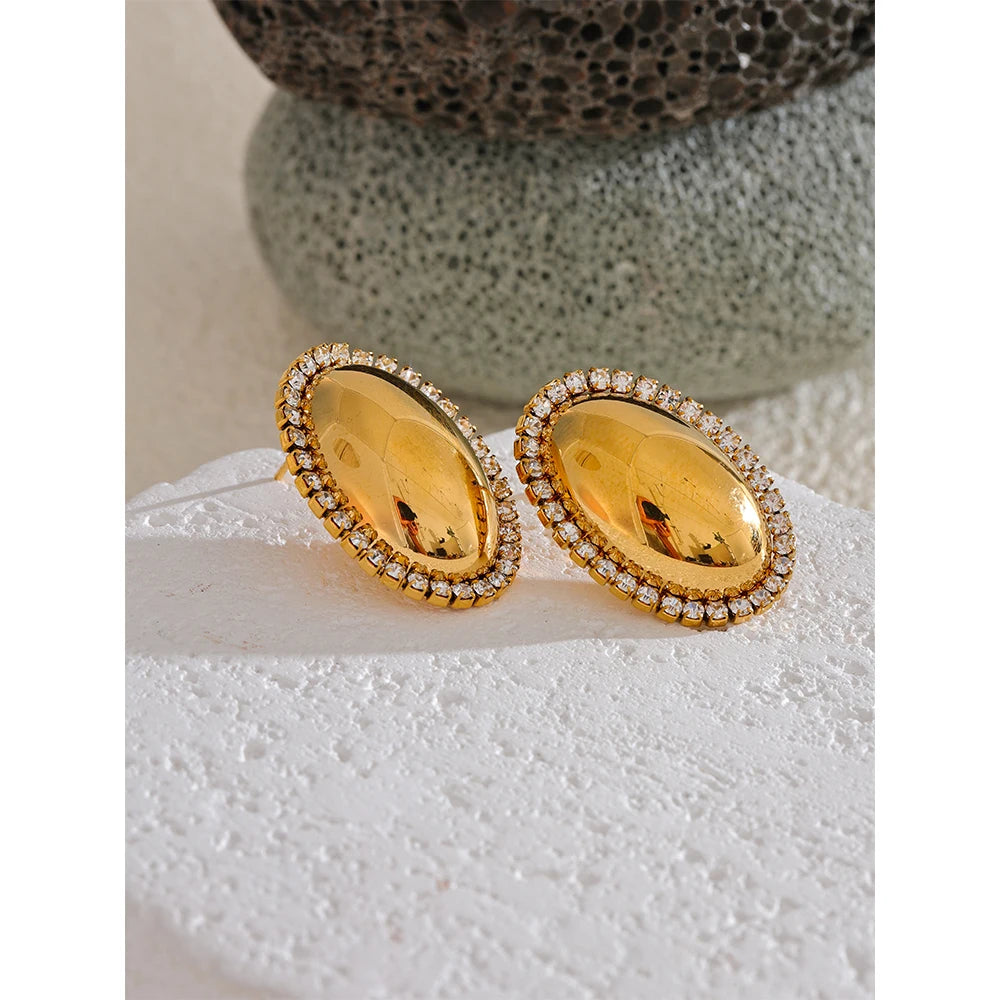 Yhpup Shiny Cubic Zirconia Smooth Metal Oval Stud Earrings 316L Stainless Steel Fashion Jewelry Prevent Allergy