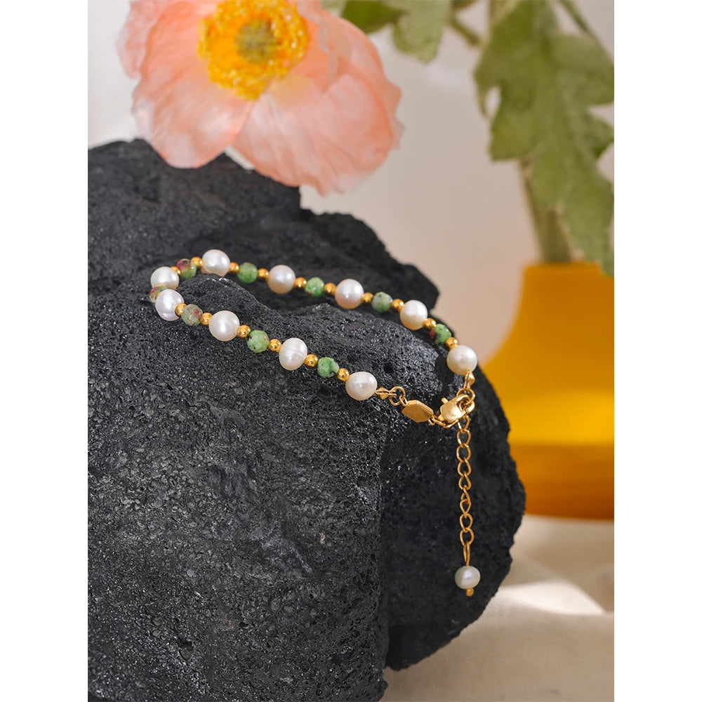 Yhpup Natural Stone Freshwater Pearls Fashion Handmade Stainless Steel Charm Jewelry Bracelet Bangle for Women Gift Waterproof