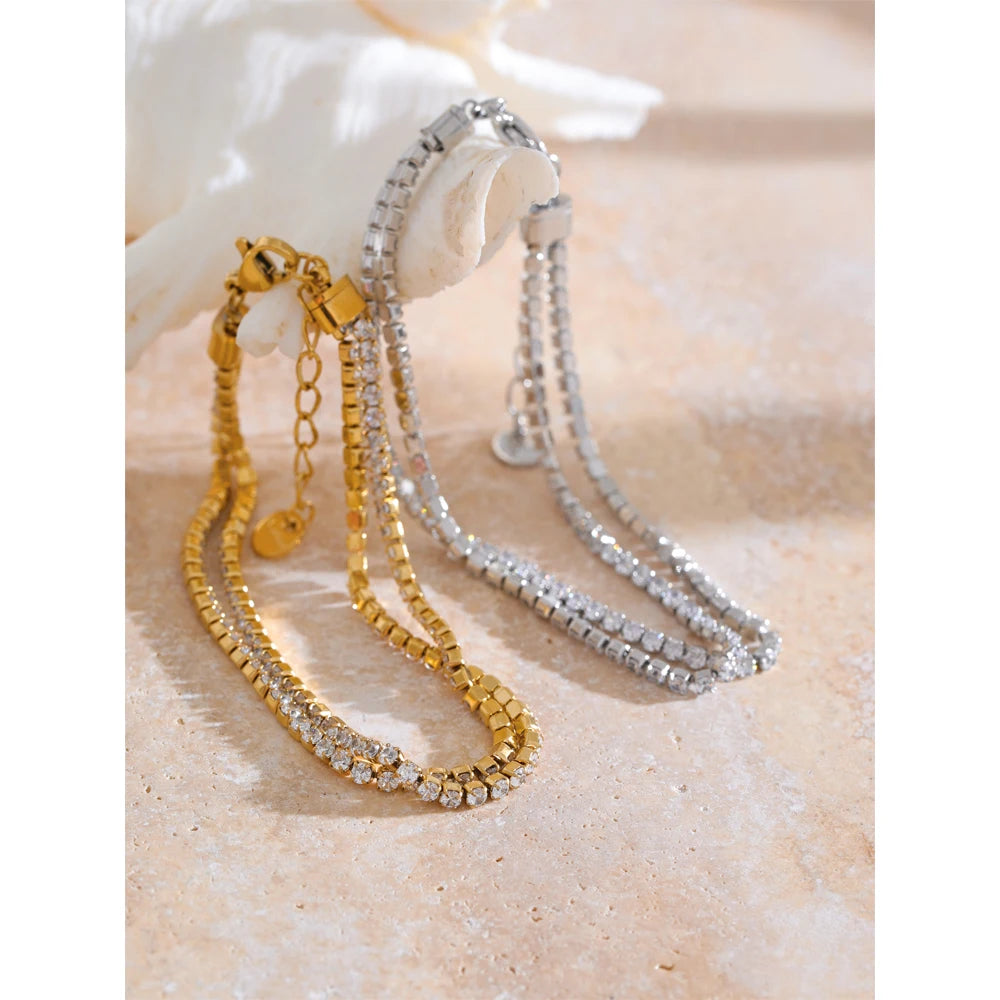 Yhpup Stainless Steel Shiny Cubic Zirconia Bracelet with Extended Chain Adjustable Wrist Gold Platinum Color Jewelry Waterproof