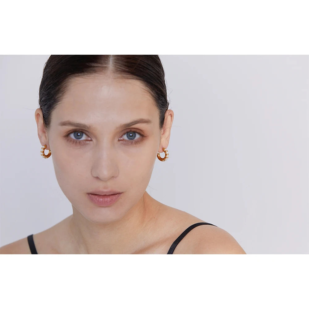 Yhpup Elegant Imitation Pearls Geometric Stainless Steel 18K Gold Plated Hoop Earrings Fashion Waterproof Delicate Jewelry Women
