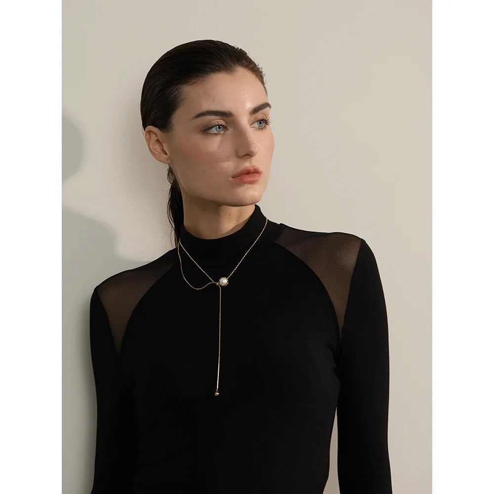 Yhpup Stainless Steel Imitation Pearl Korean Style Chain Necklace Water Resistant Personalized Fashion Neck Pendant Jewelry