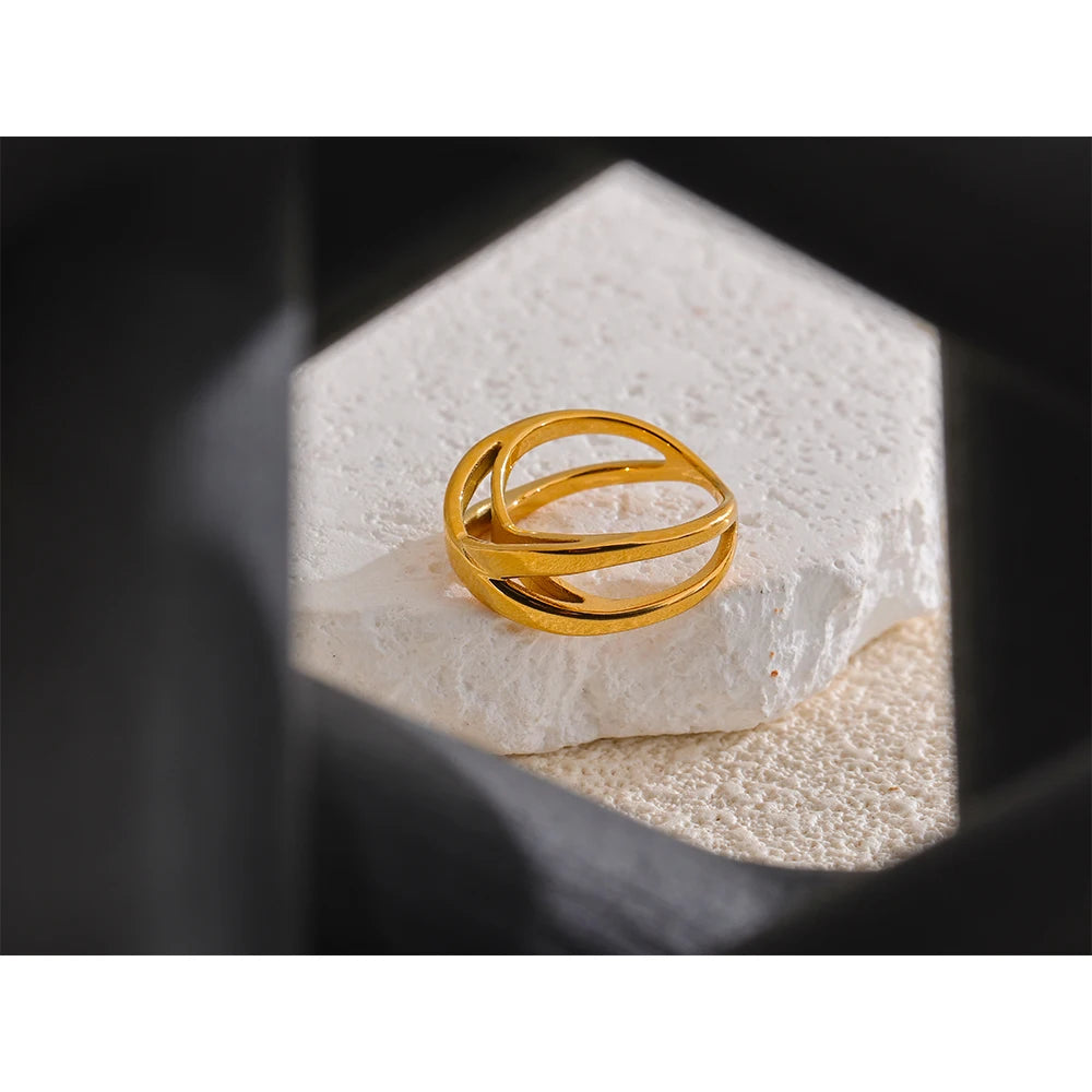 Yhpup Stainless Steel Geometric Ring 18K Gold PVD Plated Minimalist Unusual Jewelry New