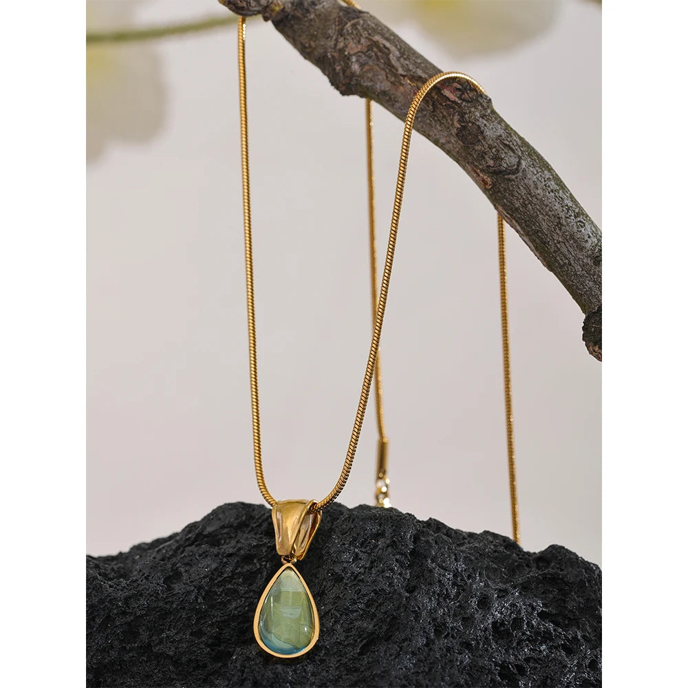Yhpup Stylish Green Glass Crystal Water Drop Pendant Necklace for Women 316l Stainless Steel Cast Gold Color Fashion Jewelry New