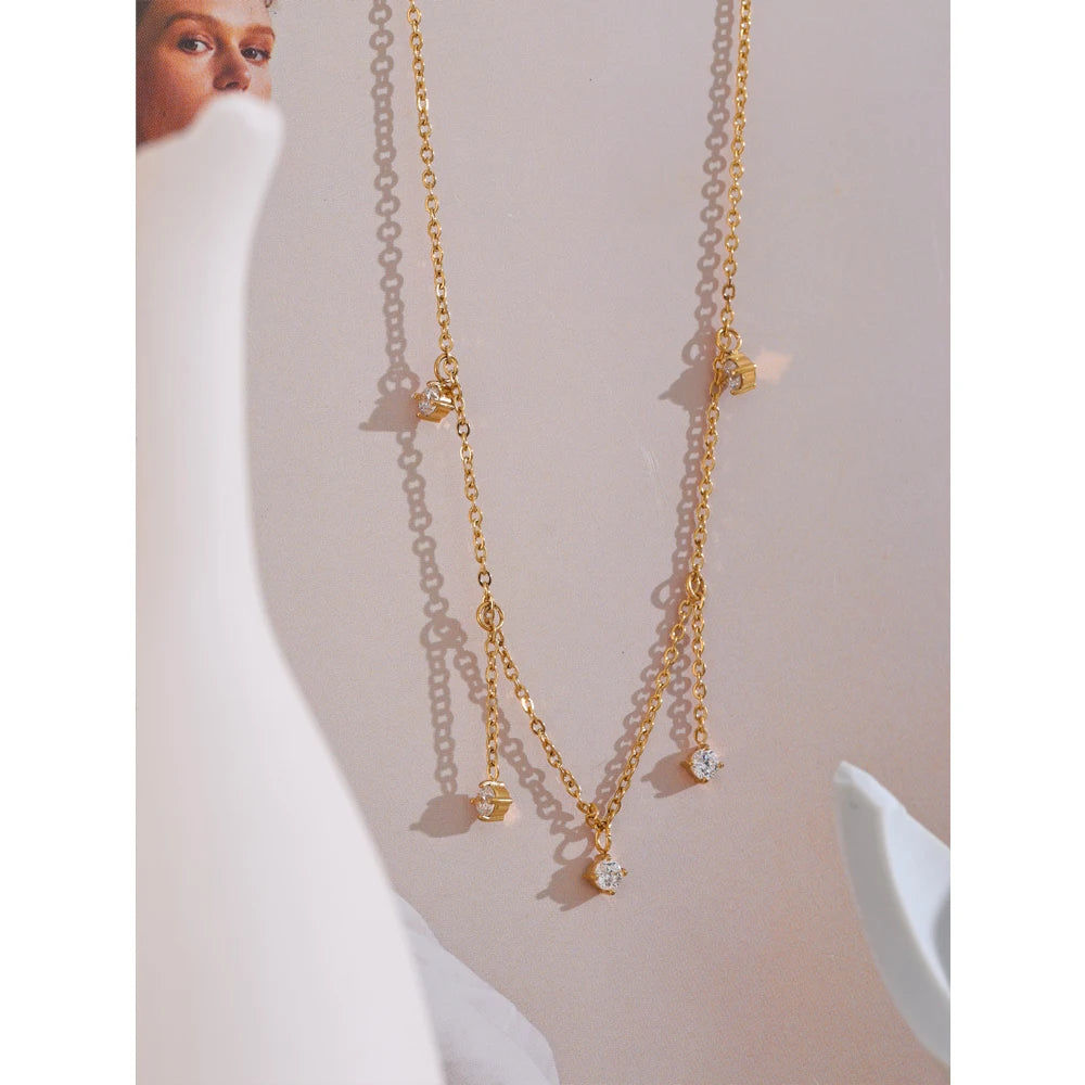 Yhpup Delicate Shiny Cubic Zirconia Drop Collarbone Chain Necklace Fashion Stainless Steel Temperament Delicate Jewelry Women