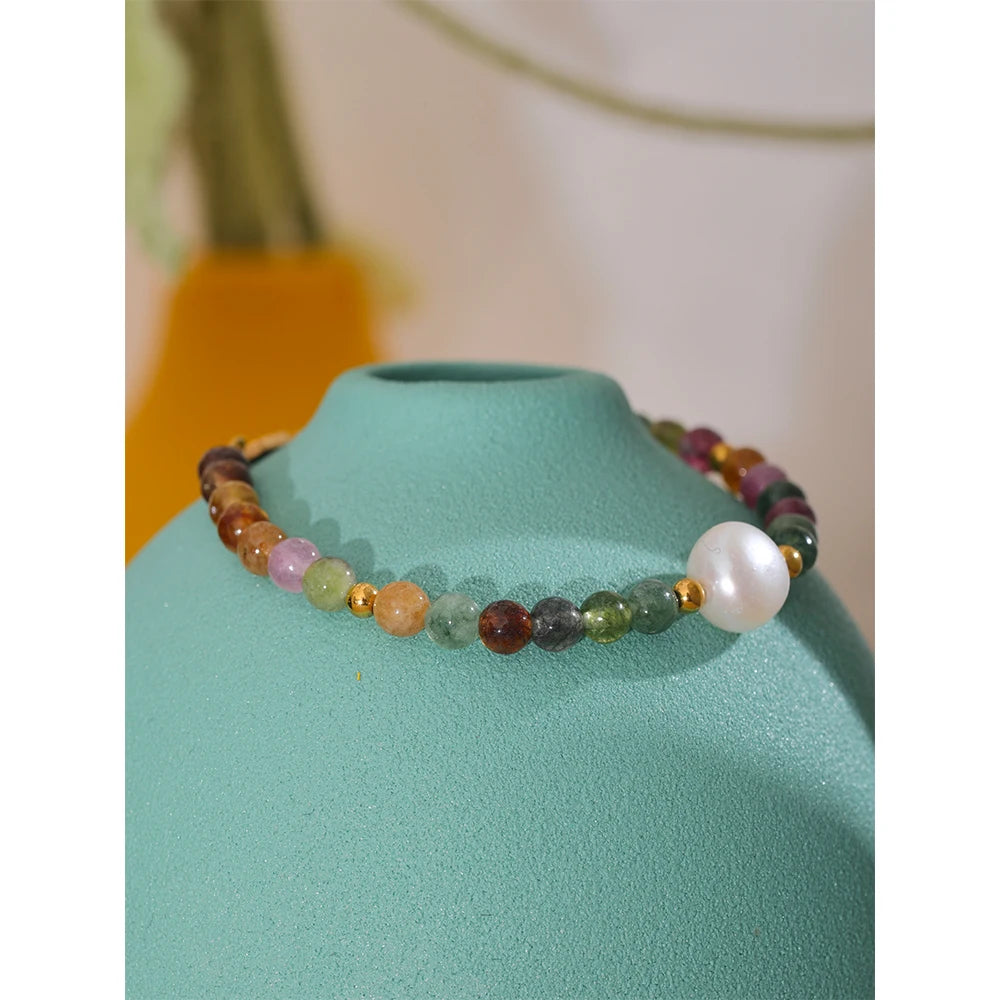 Yhpup Natural Tourmaline Stone Pearl Fashion Colorful Bead Bracelet Bangle for Women Mother Gift Healing Charm Jewelry Wholesale