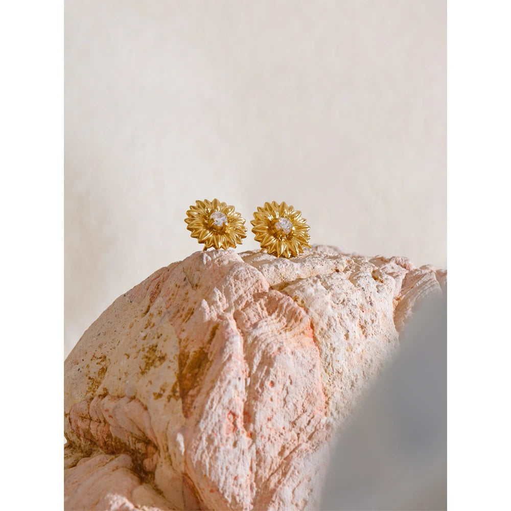 Yhpup Fashion Trendy Stainless Steel Daisy CZ Stereoscopic Waterproof Stud Earrings Women Stylish Daily Jewelry Office Ladies