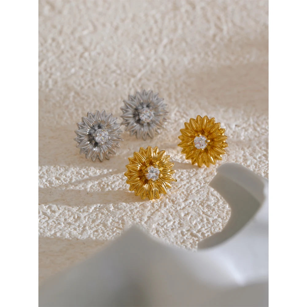 Yhpup Fashion Trendy Stainless Steel Daisy CZ Stereoscopic Waterproof Stud Earrings Women Stylish Daily Jewelry Office Ladies