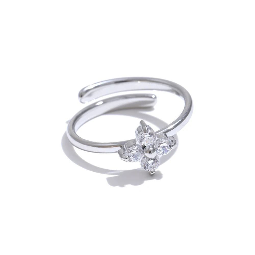 Yhpup Exquisite Stainless Steel Bling Cubic Zirconia Flower Adjustable Ring for Women Fashion Shiny Finger Jewelry New