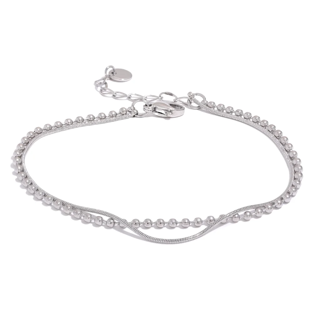 Yhpup Stainless Steel Flat & Bead Chains Double Layer Fashion Bracelet Bangle Men Women Charm Summer Beach Trendy Chic Jewelry