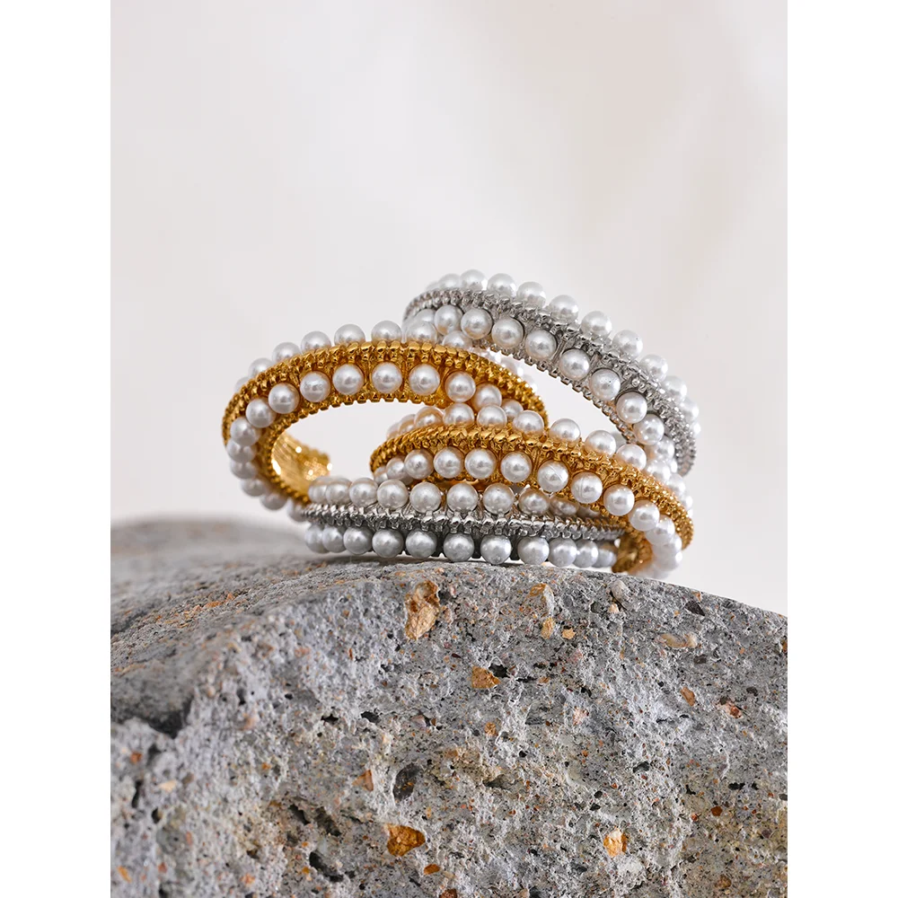 Yhpup Elegant Imitation Pearls Stainless Steel C Shape Geometric Hoop Huggie Earrings Vintage Metal Charm Stylish Jewelry Bijoux
