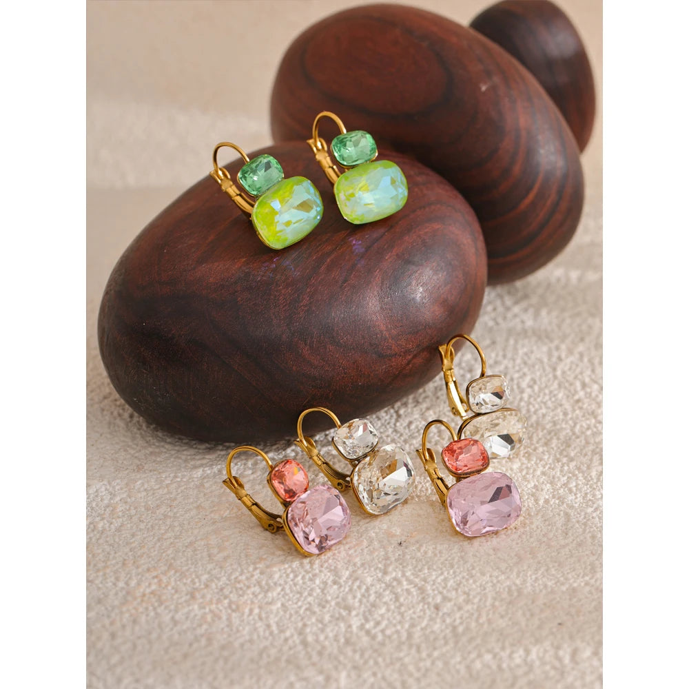 Yhpup Fashion Crystal Candy Stud Earrings French Hoops Trendy White Green Pink Y2K Summer Jewelry for Women 18k PVD Plated