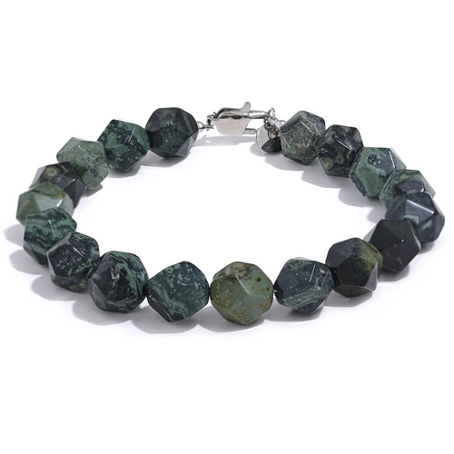Yhpup 8# 10# Natural Malachite Cub Stone Beads Chain Handmade Bracelet Bangle Stainless Steel Men Women Unisex Health Jewelry