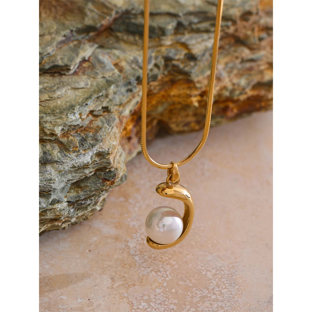 Yhpup Elegant Imitation Pearls Geometric Pendant Necklace for Women Stainless Steel Korean Style Fashion Jewelry