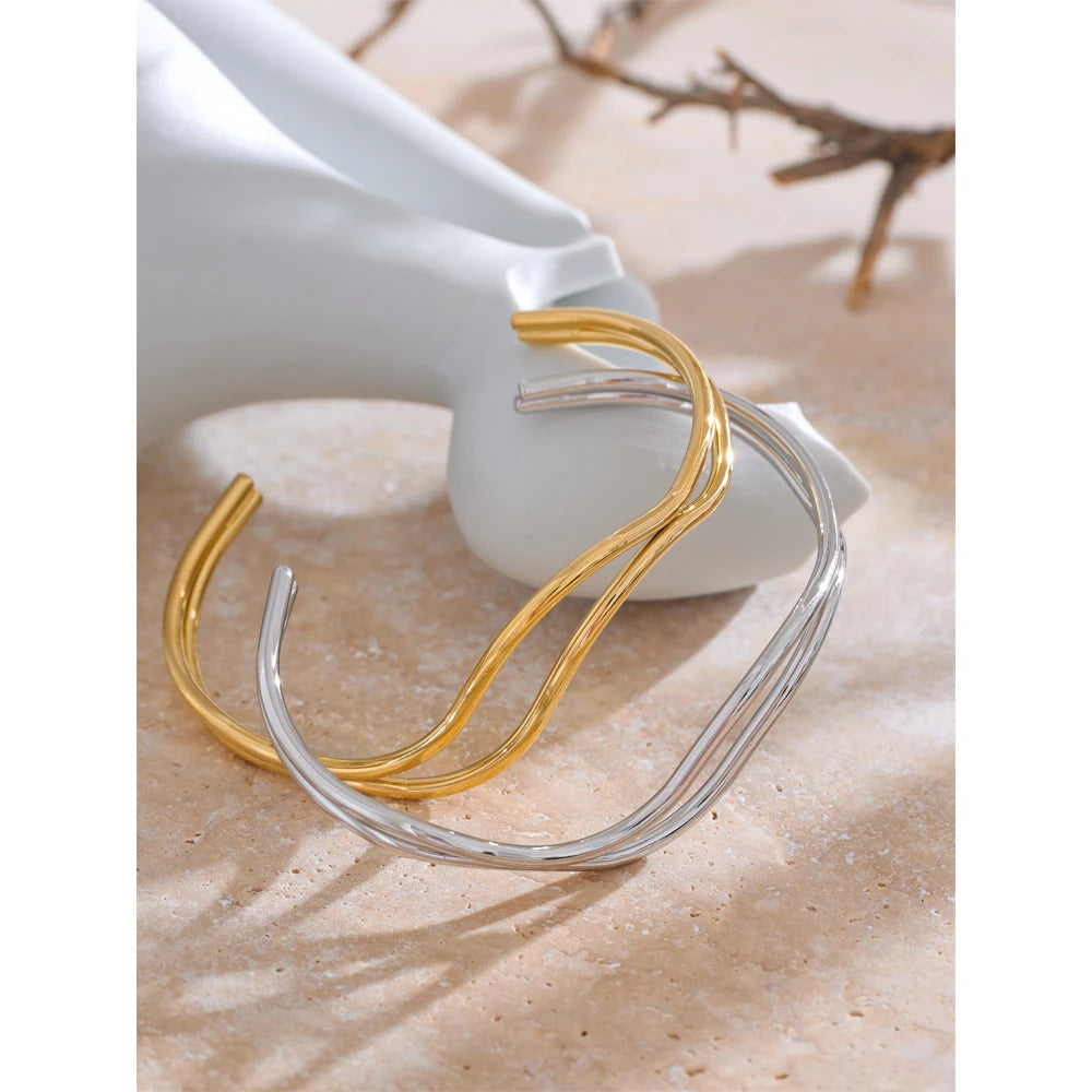 Yhpup New Unique Stainless Steel Double Layer Hollow Adjustable Cuff Bracelet Bangle Minimalistic Wrist Charm Jewelry Gift