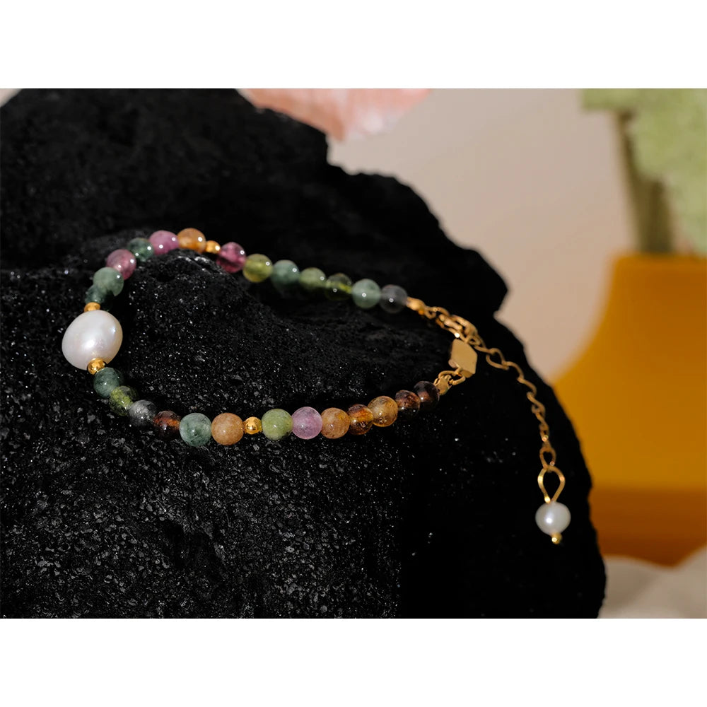 Yhpup Natural Tourmaline Stone Pearl Fashion Colorful Bead Bracelet Bangle for Women Mother Gift Healing Charm Jewelry Wholesale